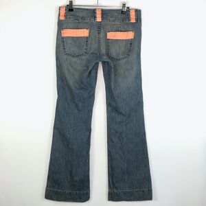 Jak & Rae Med Wash Mid Rise Flared Jeans with Pink Fabric Details Women's Sz 28